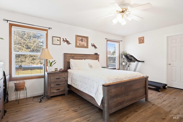 bedroom featuring dark wood-type flooring and ceiling fan