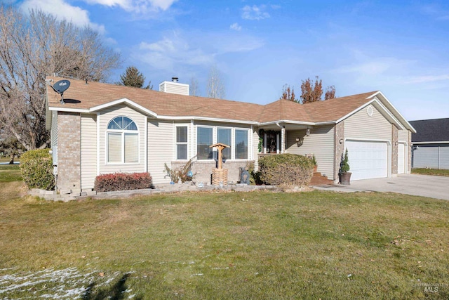 ranch-style house with a garage and a front lawn