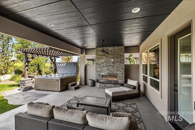 1427 N Morehouse, Eagle, ID 83616 - view of patio / terrace featuring a hot tub, an outdoor living space with a fireplace, and a pergola