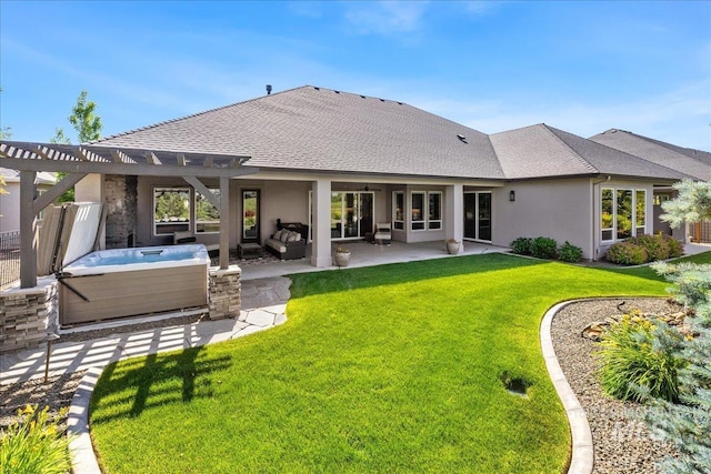1427 N Morehouse, Eagle, ID 83616 - back of house featuring a hot tub, a pergola, a patio area, stucco siding, and a shingled roof