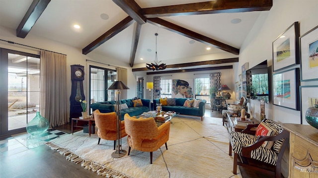 living room featuring beamed ceiling, high vaulted ceiling, and recessed lighting