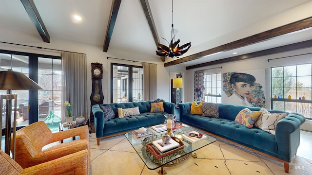 living room with lofted ceiling with beams and recessed lighting