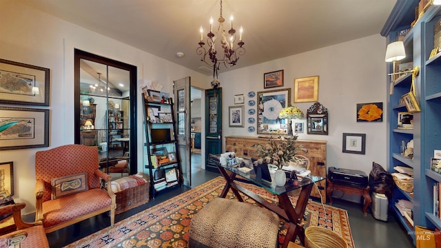 office area featuring a chandelier