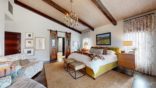 bedroom featuring a barn door, dark wood-style flooring, visible vents, beamed ceiling, and an inviting chandelier