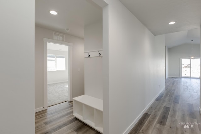 hall featuring plenty of natural light, visible vents, and wood finished floors