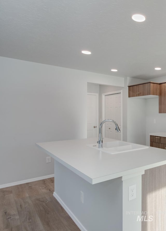 kitchen with a kitchen island with sink, light hardwood / wood-style flooring, and sink