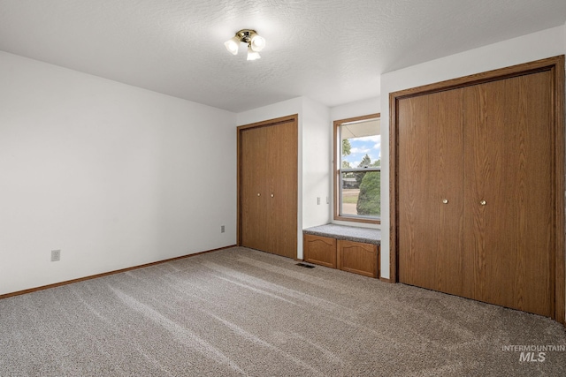 607 S State, Nampa, ID 83686 - unfurnished bedroom featuring carpet, two closets, baseboards, and a textured ceiling