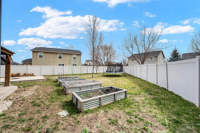 view of yard with a vegetable garden, a trampoline, and a fenced backyard