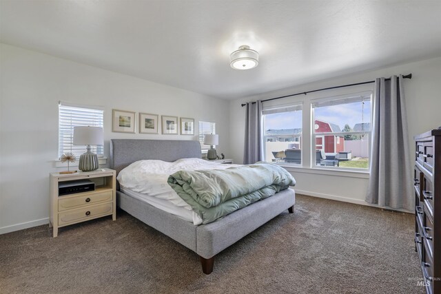 bedroom featuring dark carpet, baseboards, and multiple windows