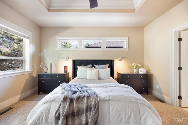 carpeted bedroom featuring a raised ceiling, baseboards, and visible vents