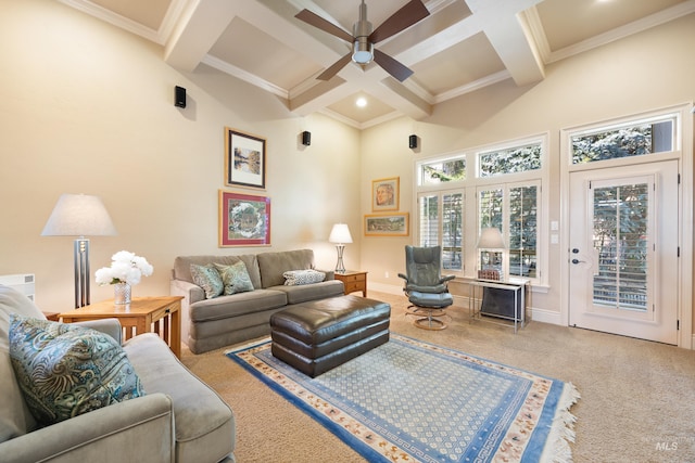 carpeted living area with beam ceiling, a high ceiling, baseboards, and coffered ceiling