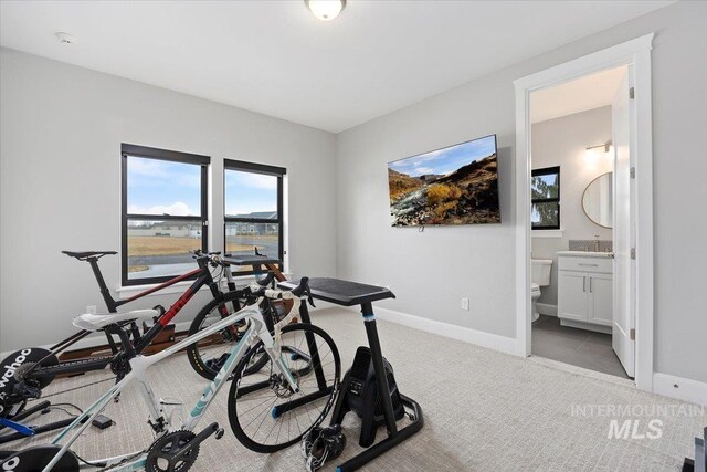 workout area featuring carpet flooring and baseboards