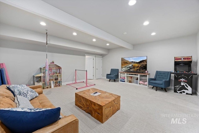 carpeted living room with beam ceiling, recessed lighting, and baseboards