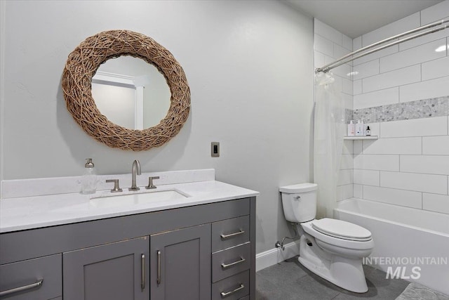 full bathroom with tile patterned flooring, baseboards, toilet, shower / bath combo, and vanity