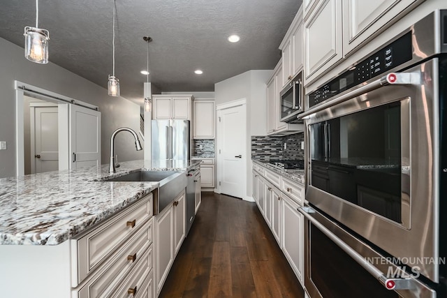 kitchen featuring appliances with stainless steel finishes, a large island with sink, white cabinetry, a barn door, and hanging light fixtures