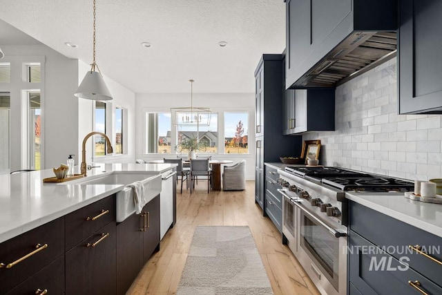 kitchen with sink, hanging light fixtures, tasteful backsplash, ventilation hood, and appliances with stainless steel finishes