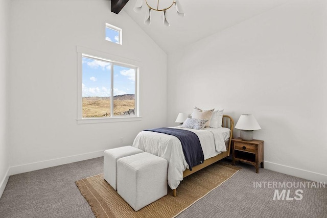 bedroom with carpet flooring, lofted ceiling with beams, and an inviting chandelier