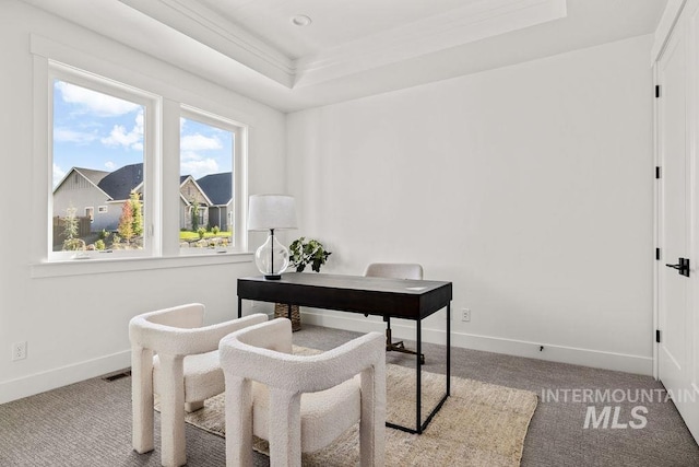 carpeted office featuring a raised ceiling and crown molding