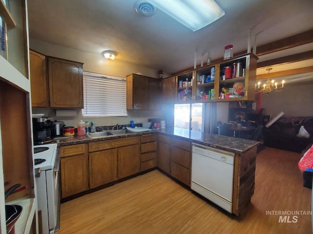 kitchen with light hardwood / wood-style floors, sink, white appliances, and kitchen peninsula