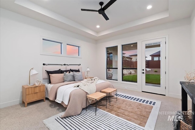 9989 W Bouvardia St, Star, ID 83699 - bedroom featuring a raised ceiling, access to exterior, carpet, recessed lighting, and baseboards