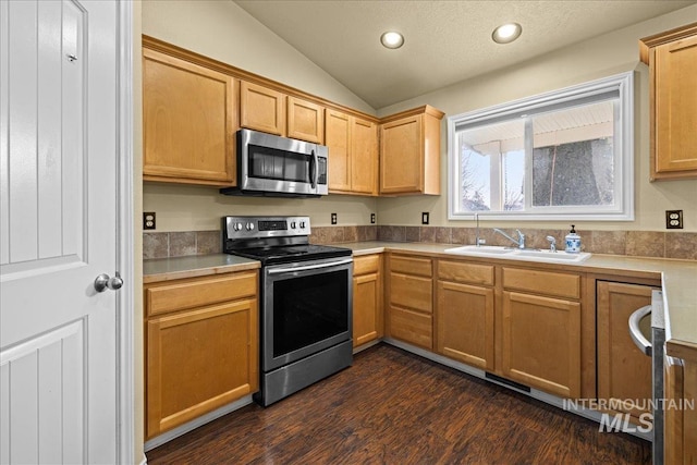 kitchen featuring dark hardwood / wood-style flooring, sink, appliances with stainless steel finishes, and vaulted ceiling