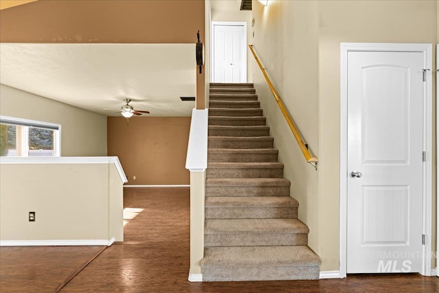 stairs with hardwood / wood-style flooring and ceiling fan