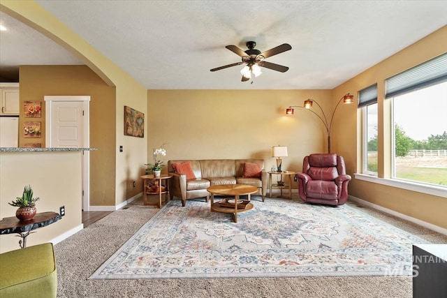 27482 Warren Ln, Wilder, ID 83676 - living area featuring arched walkways, carpet floors, and a ceiling fan