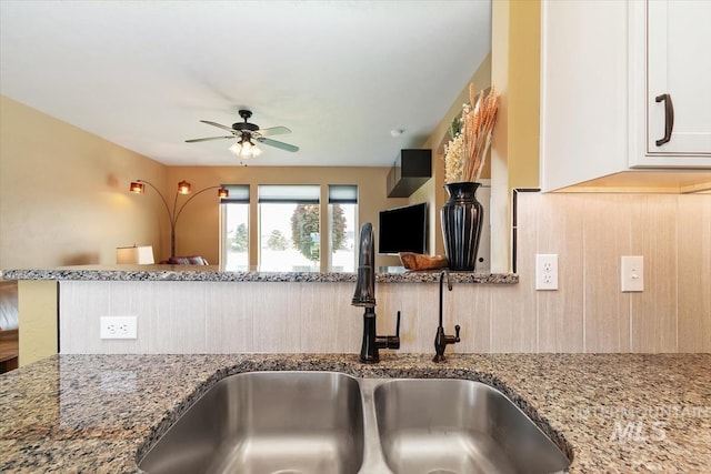 27482 Warren Ln, Wilder, ID 83676 - kitchen with light stone counters, a ceiling fan, white cabinetry, and open floor plan