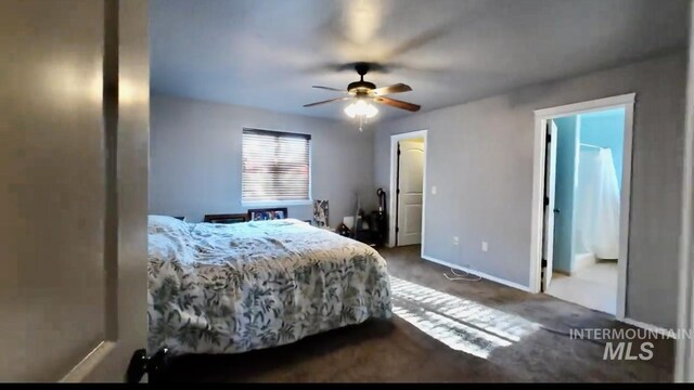 bedroom with carpet floors, baseboards, and a ceiling fan