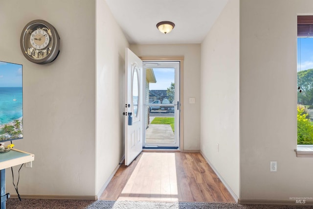 doorway to outside featuring plenty of natural light, light wood-style floors, and baseboards