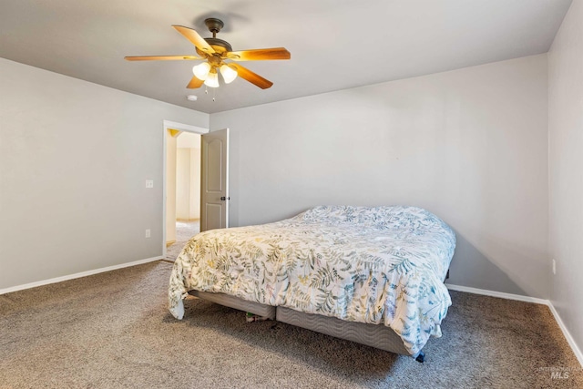 bedroom featuring carpet flooring, baseboards, and ceiling fan