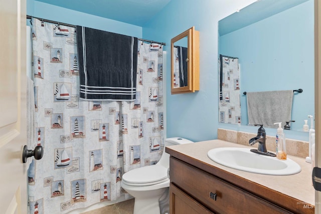 full bath with vanity, toilet, tile patterned flooring, and a shower with shower curtain