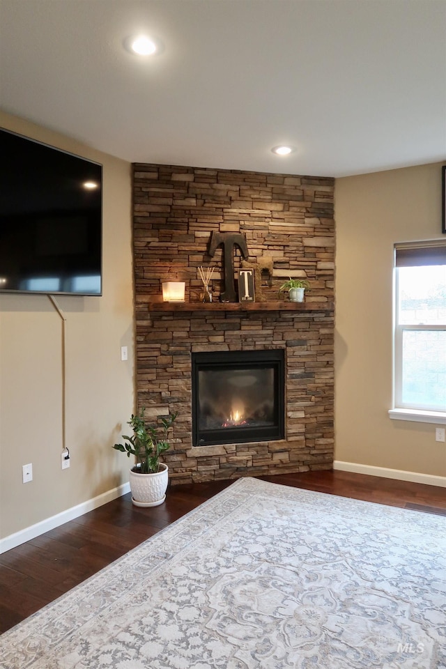 room details featuring a fireplace and wood-type flooring