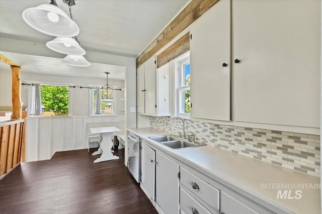 519 S 5th Ave, Nampa, ID 83651 - kitchen with stainless steel dishwasher, light countertops, dark wood-style floors, healthy amount of natural light, and wainscoting
