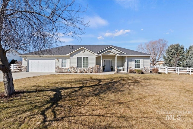 ranch-style home with driveway, a garage, a porch, fence, and a front lawn