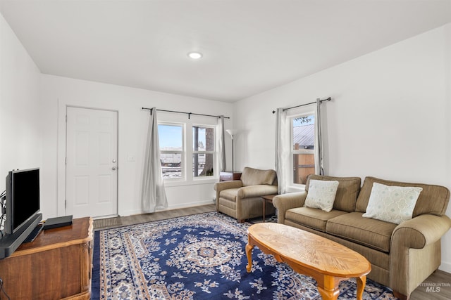 living room with a healthy amount of sunlight and hardwood / wood-style flooring