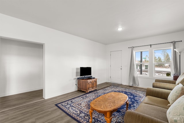 living room with dark hardwood / wood-style floors