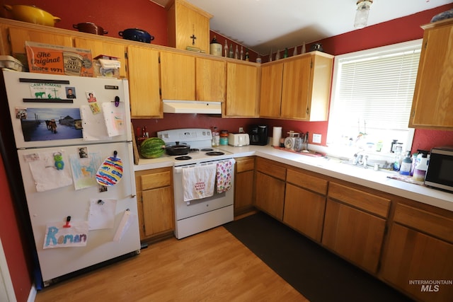 kitchen featuring light countertops, under cabinet range hood, and white appliances