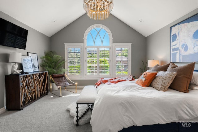 176 Marine View Dr, Lewiston, ID 83501 - carpeted bedroom with vaulted ceiling, a chandelier, and baseboards