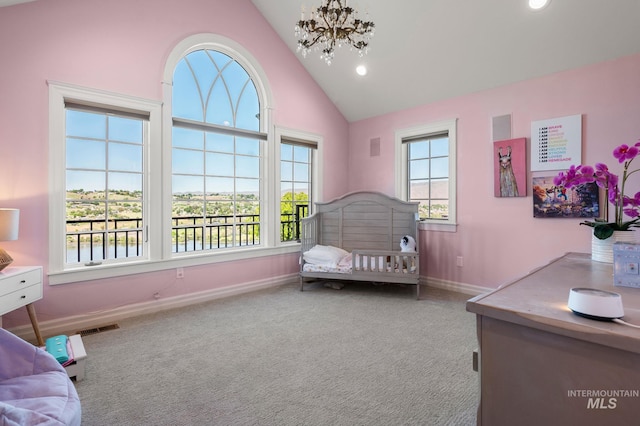176 Marine View Dr, Lewiston, ID 83501 - bedroom with baseboards, carpet flooring, a chandelier, high vaulted ceiling, and recessed lighting