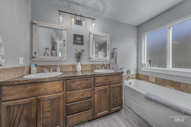 bathroom featuring a bath, wood finished floors, a sink, and double vanity