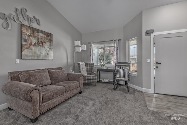 living area featuring baseboards, vaulted ceiling, and carpet