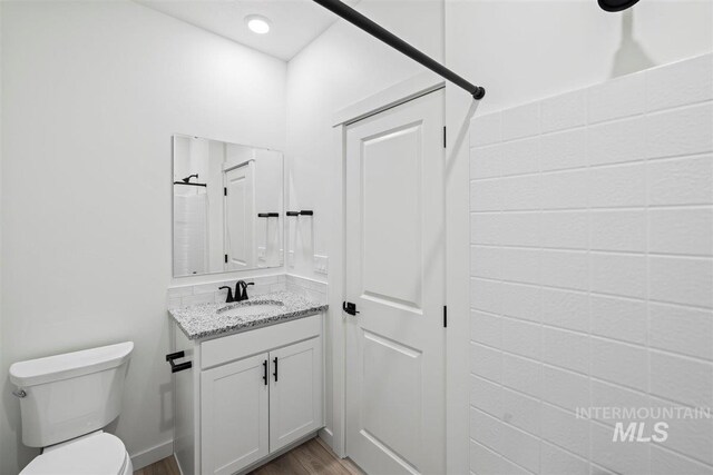 bathroom with wood-type flooring, vanity, and toilet