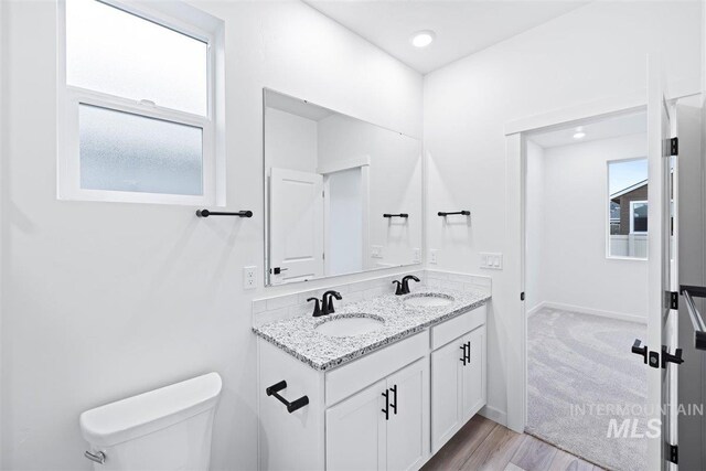 bathroom featuring plenty of natural light, vanity, hardwood / wood-style flooring, and toilet