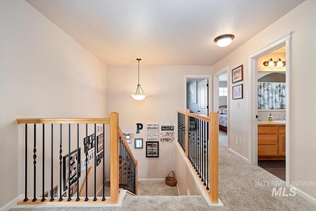 stairway featuring carpet flooring