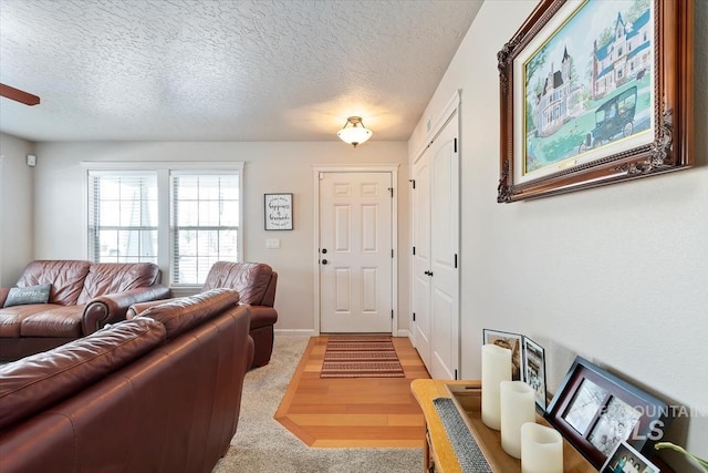 living room with a textured ceiling