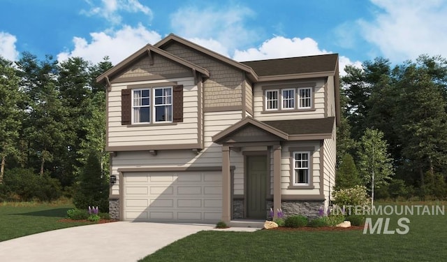view of front of property featuring stone siding, an attached garage, driveway, and a front lawn