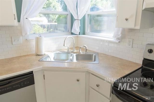 kitchen featuring white cabinetry, dishwasher, electric range, sink, and decorative backsplash