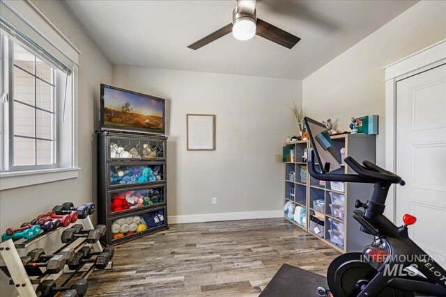 3492 E 3600 N, Kimberly, ID 83341 - workout room with ceiling fan, wood finished floors, and baseboards