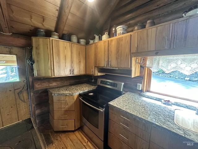 2223 Glenwood Rd, Kamiah, ID 83536 - kitchen featuring light wood-style flooring, wood ceiling, stainless steel electric stove, and vaulted ceiling